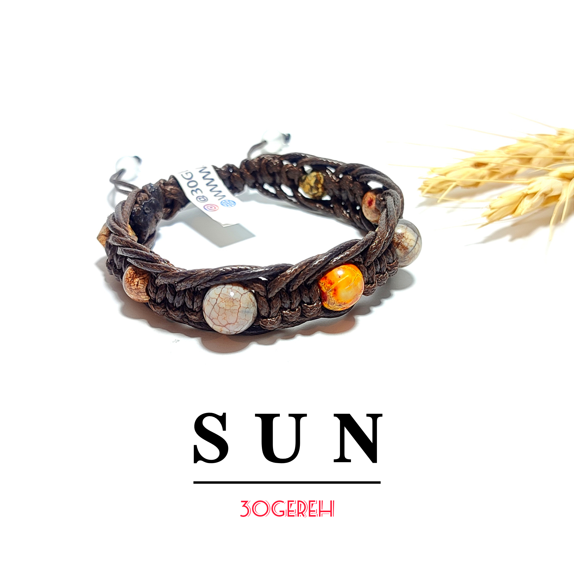 دستبند سنگی با بافت چرمی عقیق و جاسپر رگه دار سنتتیک دستبند خورشید
