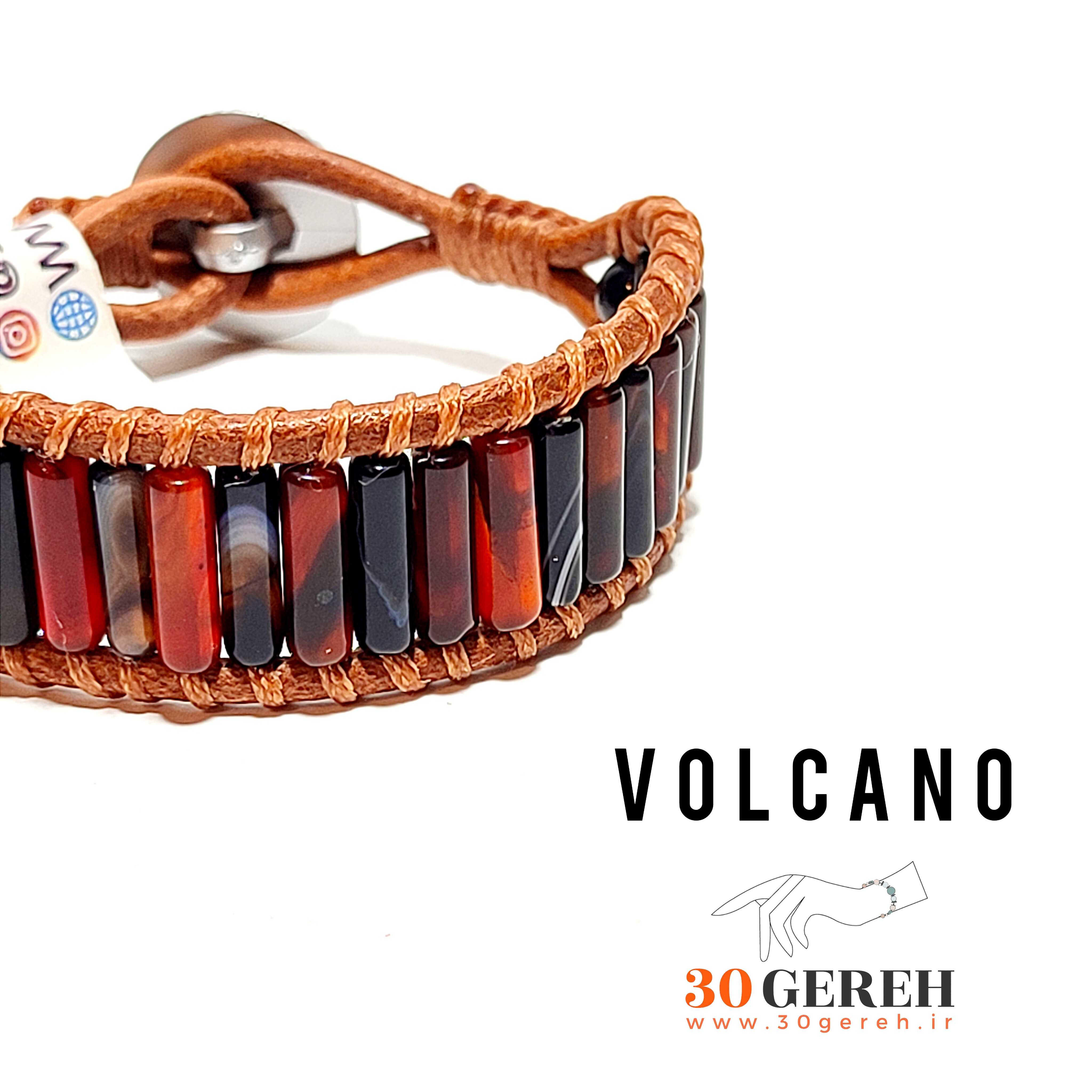 دستبند سنگی و چرم عقیق سلیمانی اصل دستبند عقیق سیاه و قرمز آتشفشان