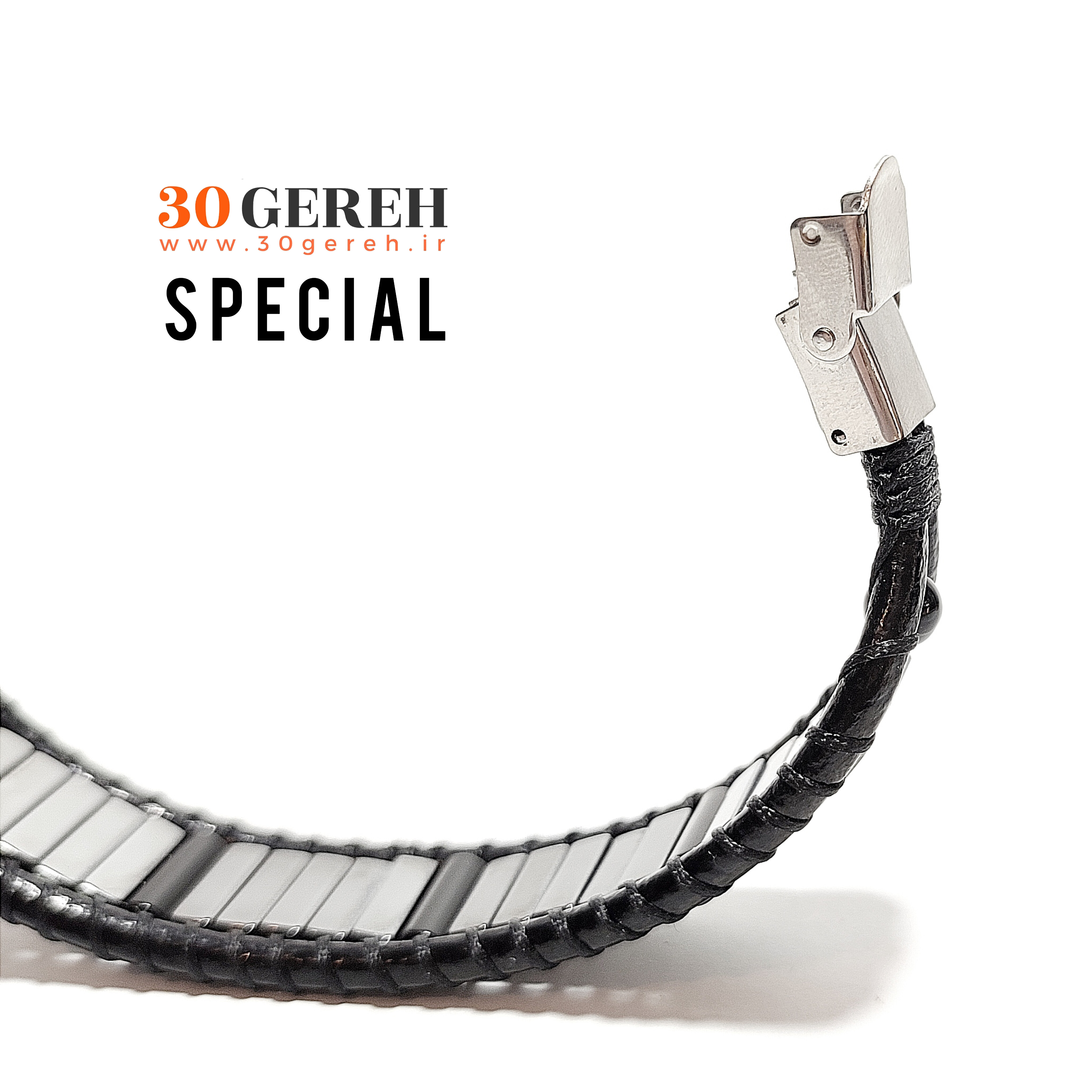 دستبند سنگی حدید و عقیق سیاه تراش لوله ای با چرم طبیعی دستبند خاص اسپرت دستبند سنگ و چرم مردانه حدید و عقیق
