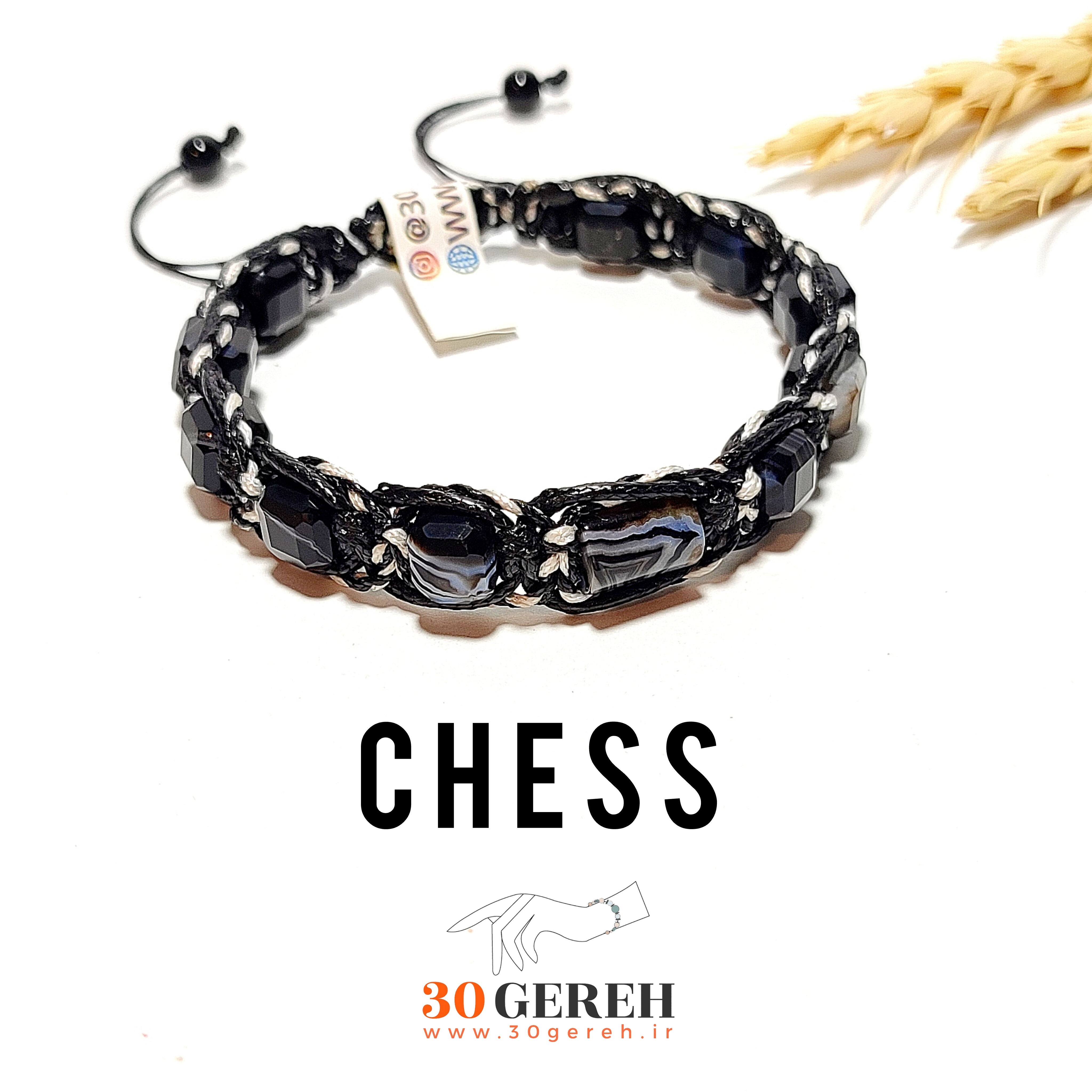 دستبند سنگی و چرم اصل با بافت خاص سنگ عقیق سیاه اصل دستبند شطرنج
