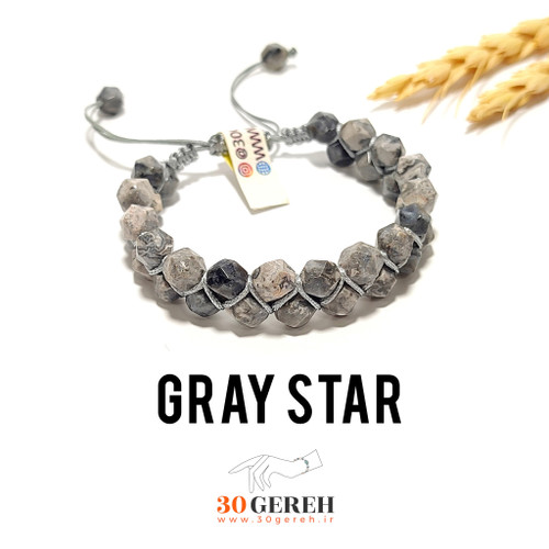 دستبند سنگ اصل جاسپر نقشه و لارویکیت تراش استار دستبند سنگ و چرم ستاره خاکستری