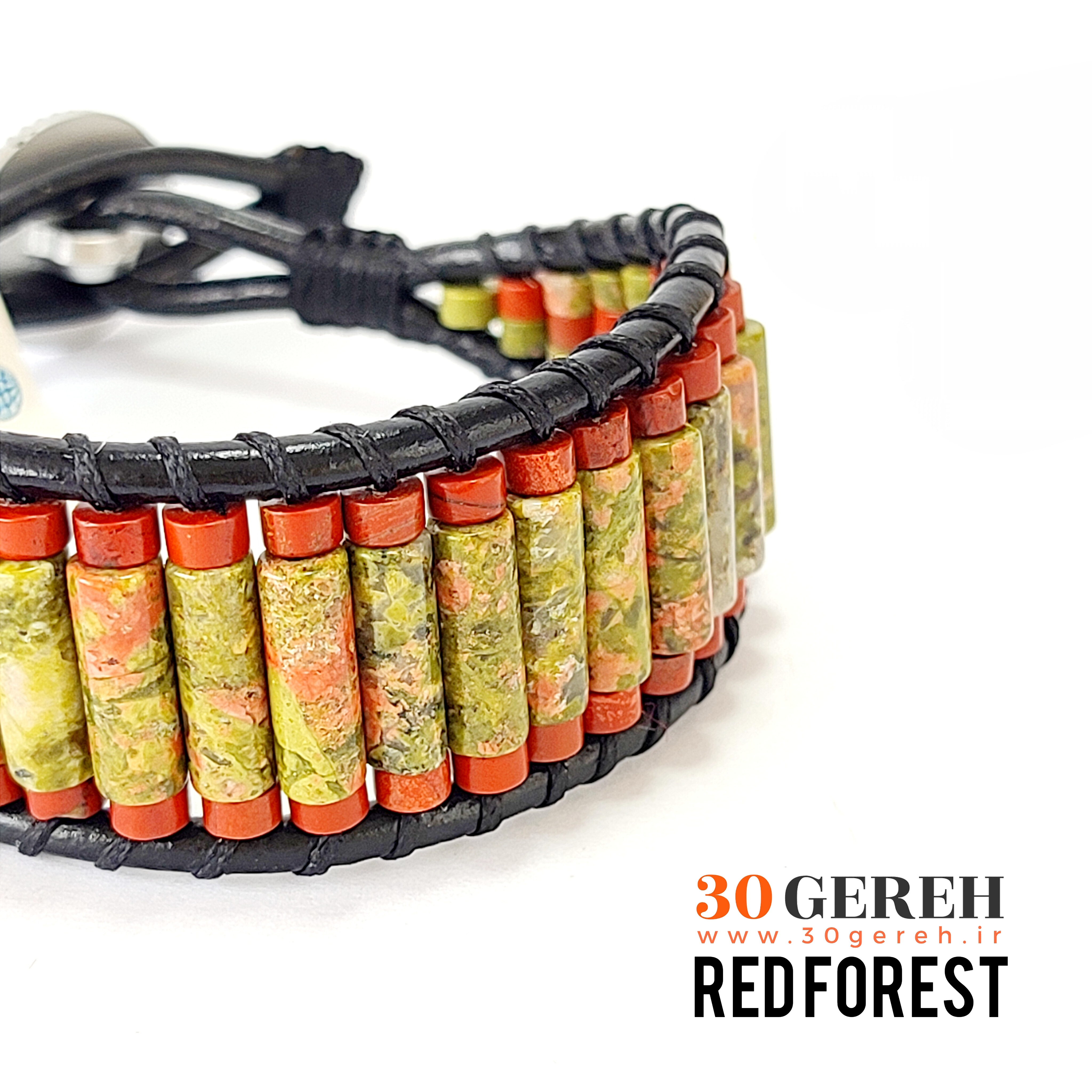 دستبند سنگی اصل و معدنی اوناکیت و جاسپر قرمز دستبند جنگل سرخ
