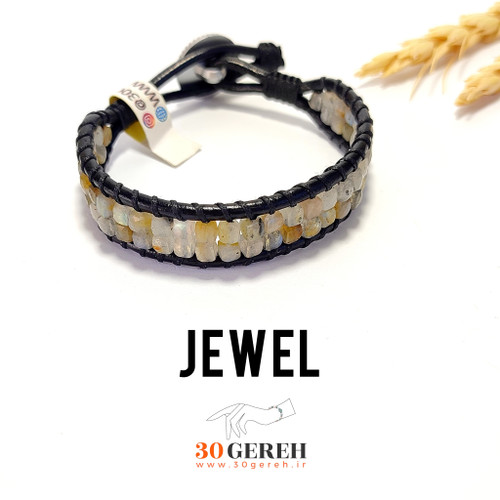 دستبند سنگ لابرادوریت اصل تراش خاص جواهری با چرم طبیعی