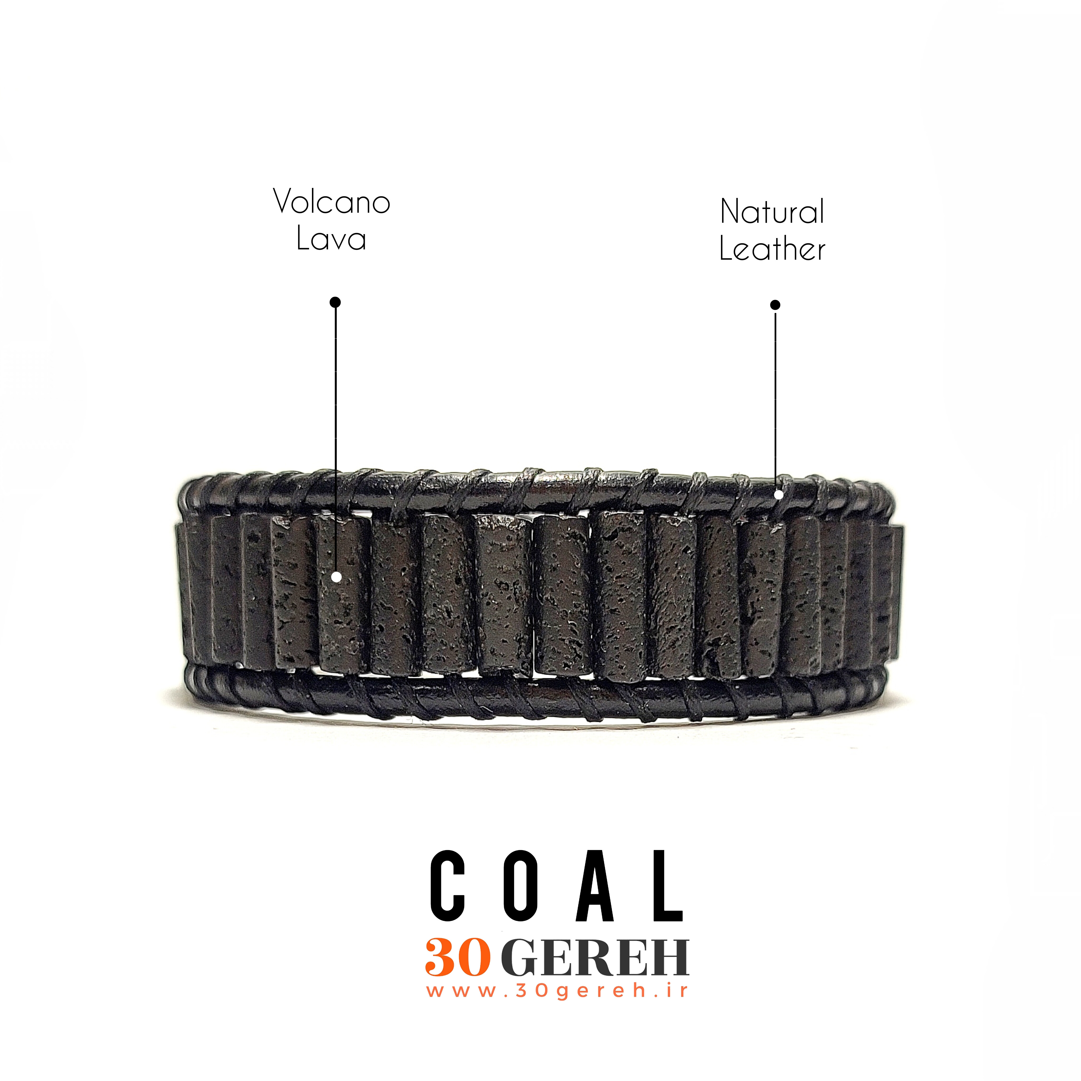 دستبند سنگی لاوا آتشفشانی تراش لوله ای دستبند زغال با چرم طبیعی