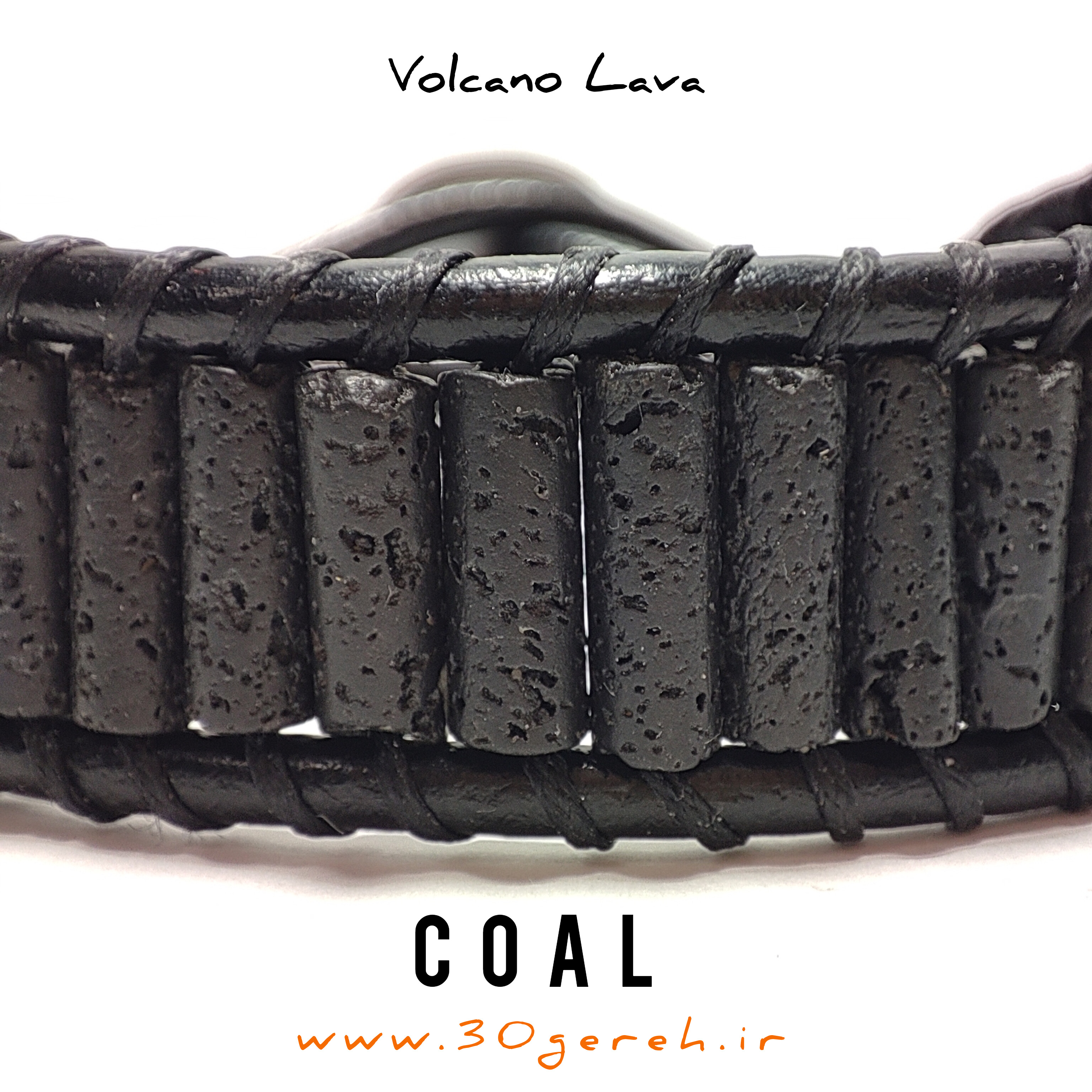 دستبند سنگی لاوا آتشفشانی تراش لوله ای دستبند زغال با چرم طبیعی
