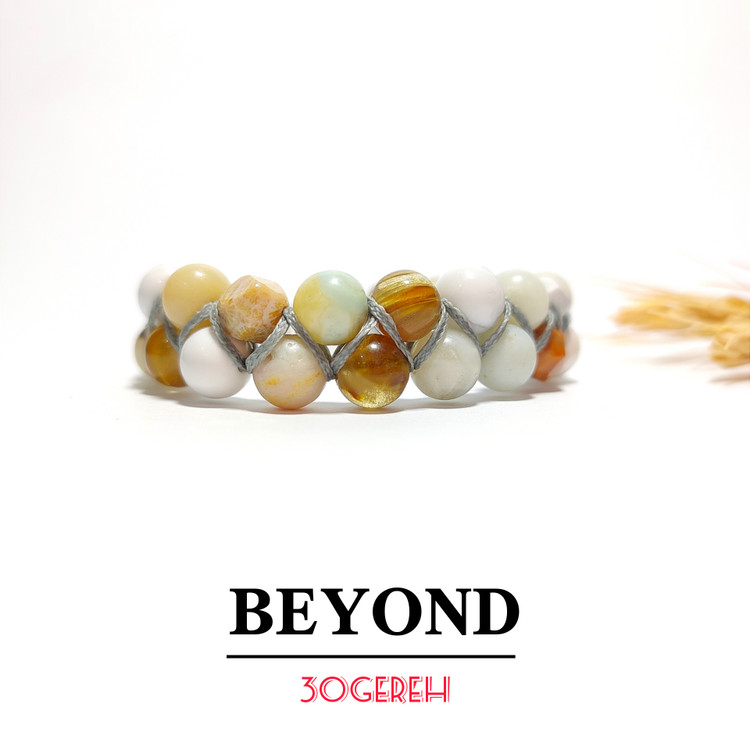 دستبند سنگی دو ردیفه آمازونیت اصل و معدنی با بافت چرمی پیچ دستبند ماوراء