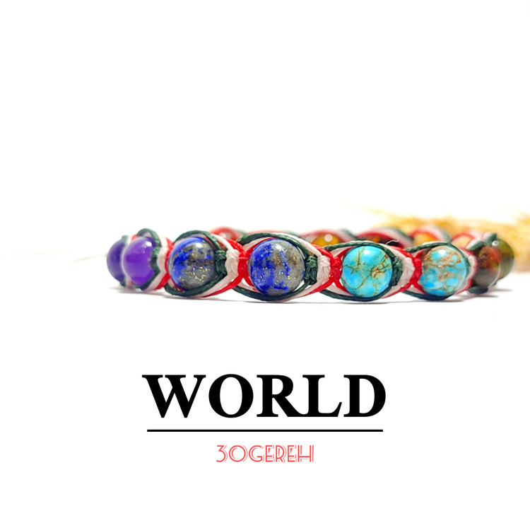 دستبند سنگی اصل معدنی هفت چاکرای اصل بافت سه ردیفه