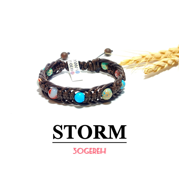 دستبند سنگی فیروزه و جاسپر دریایی با بافت چرمی دستبند سنگی طوفان