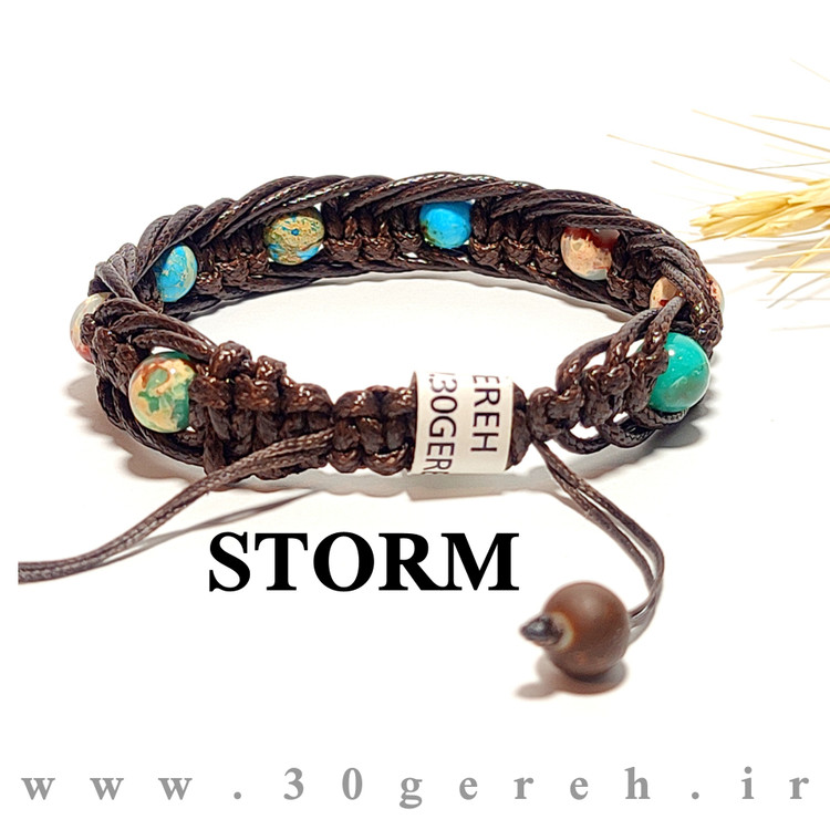 دستبند سنگی فیروزه و جاسپر دریایی با بافت چرمی دستبند سنگی طوفان