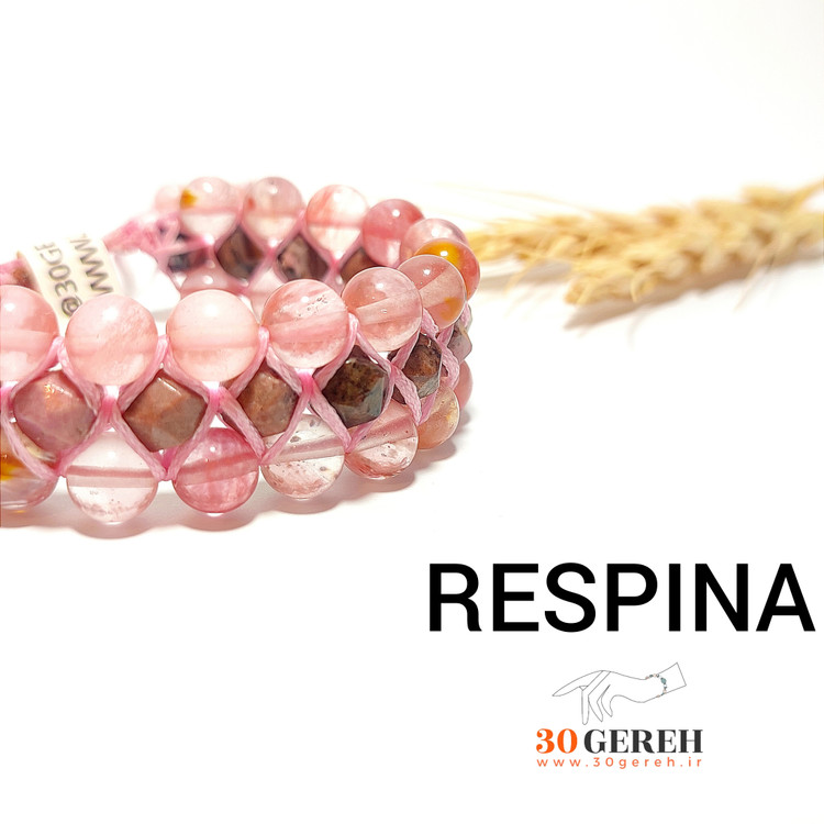 دستبند سه ردیفه سنگی اصل کوارتز و رودونیت