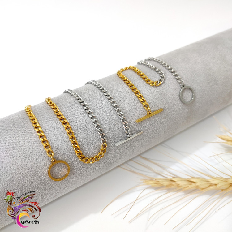 نیم ست تمام استیل گردنبند و دستبند کارتیر تراش ظریف دو رنگ با قفل تی