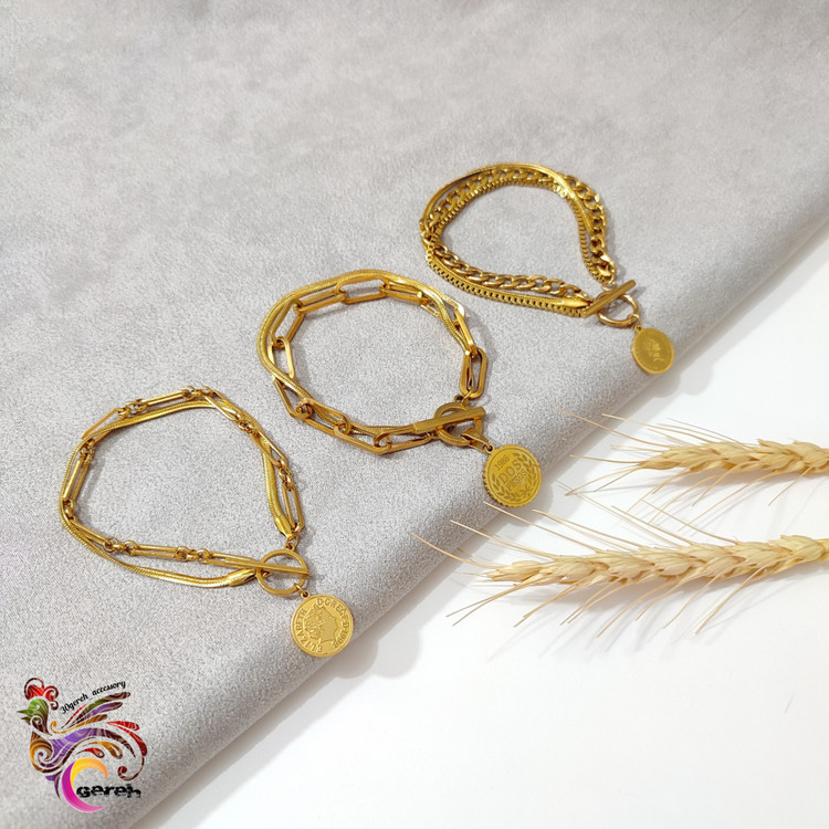 دستبند چند ردیفه استیل اصل با پلاک الیزابت خاص طلایی