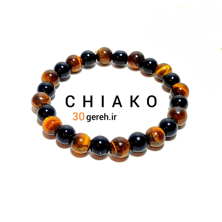 دستبند ترکیبی چرم اصل و سنگ معدنی و اصل چشم ببر و عقیق سیاه