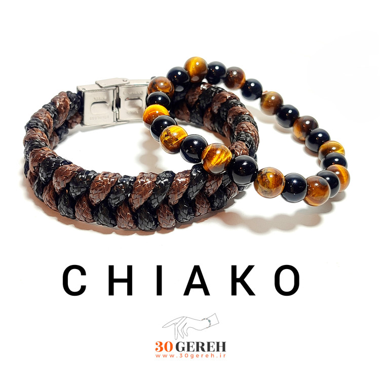 دستبند ترکیبی چرم اصل و سنگ معدنی و اصل چشم ببر و عقیق سیاه