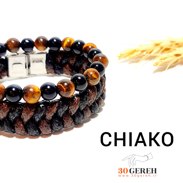 دستبند ترکیبی چرم اصل و سنگ معدنی و اصل چشم ببر و عقیق سیاه