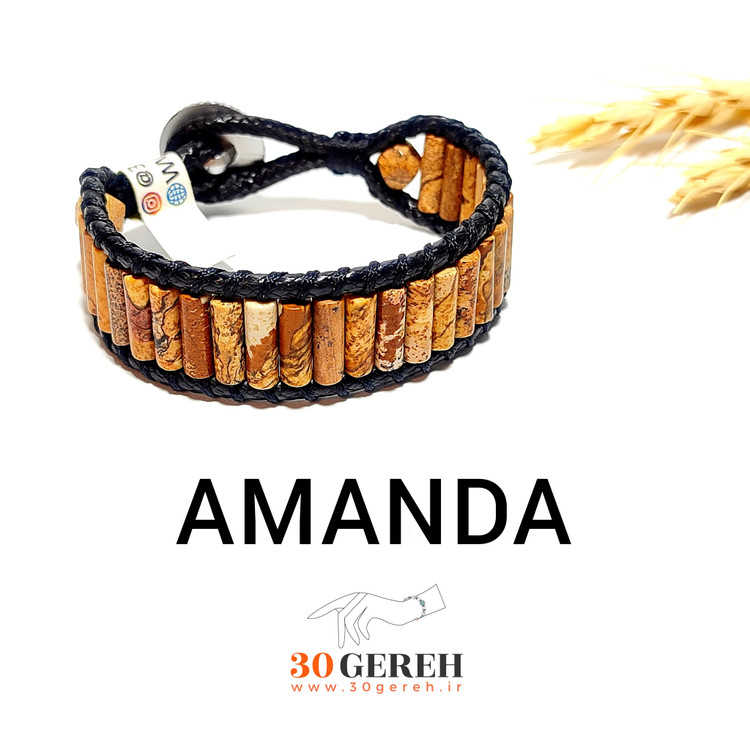 دستبند سنگ اصلی جاسپر تراش استوانه ای و تراش استار با بافت چرمی