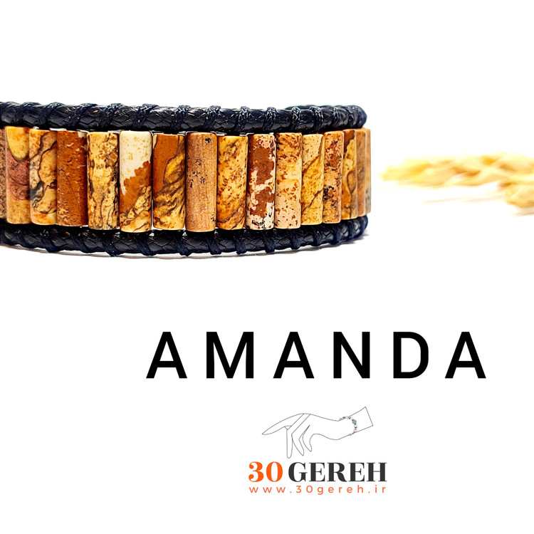 دستبند سنگ اصلی جاسپر تراش استوانه ای و تراش استار با بافت چرمی