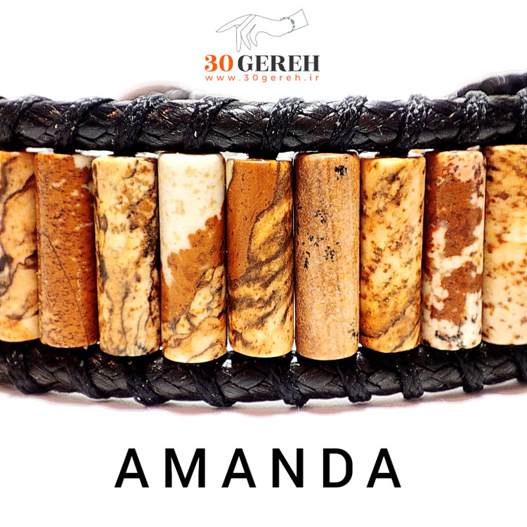 دستبند سنگ اصلی جاسپر تراش استوانه ای و تراش استار با بافت چرمی