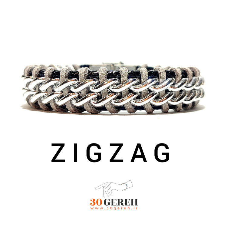 دستبند چرم طبیعی و استیل اصل با کیفیت ترکیبی زیگزاگ سی گره