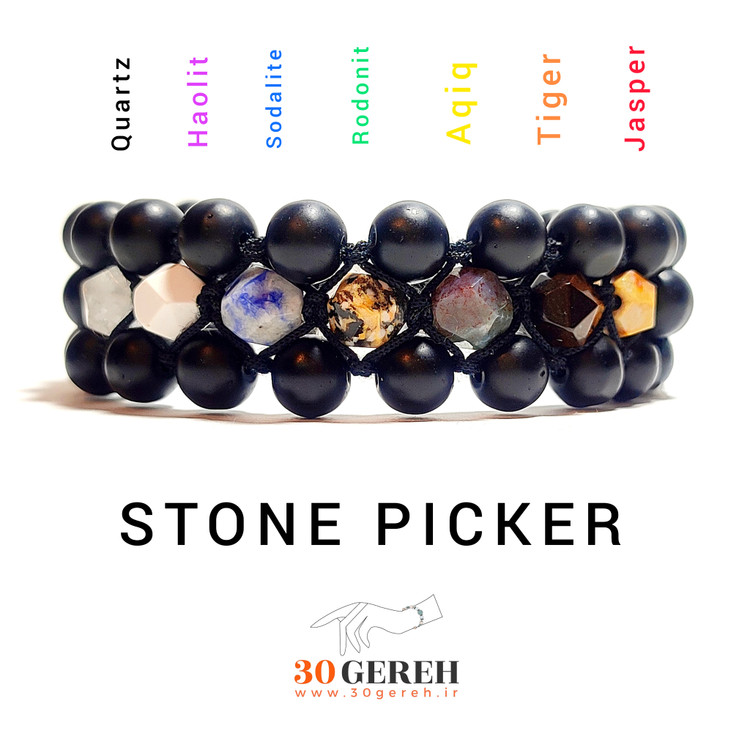 دستبند هفت چاکرای اصلی سه ردیفه با سنگ های تراش استار و اونیکس مشکی