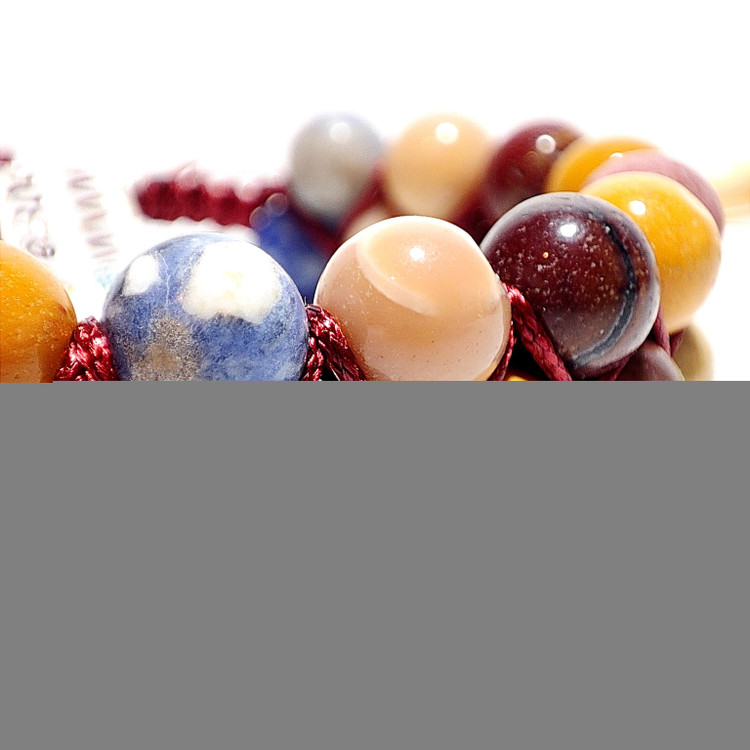 دستبند سنگی دو ردیفه اصل با بافت چرمی و سنگ موکائیت سودالیت رودونیت