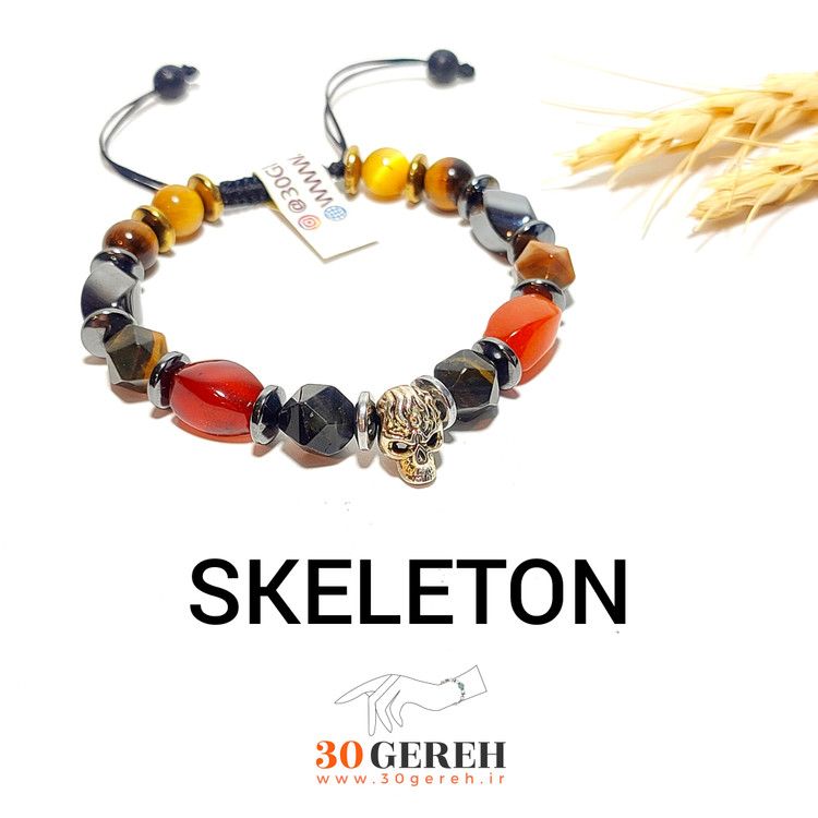 دستبند سنگی اصل با سنگ های معدنی و پلاک استیل