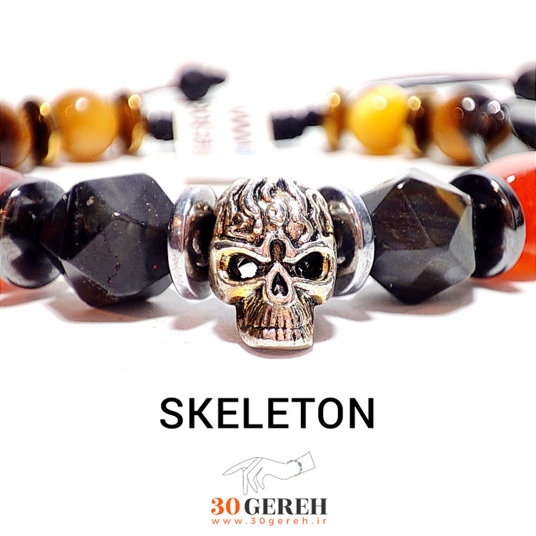 دستبند سنگی اصل با سنگ های معدنی و پلاک استیل