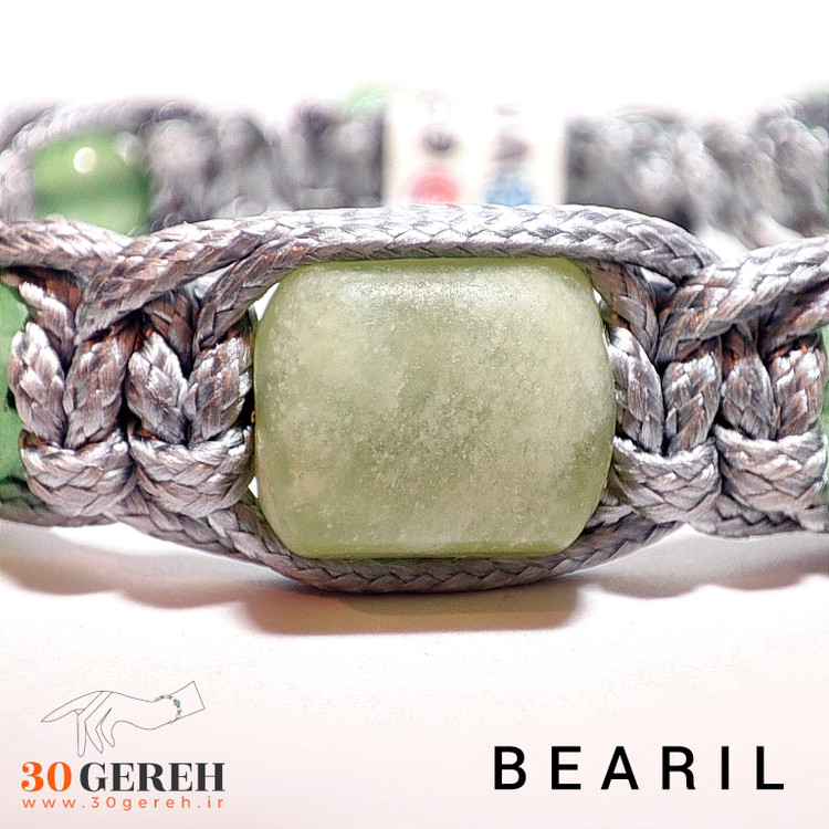 دستبند سنگی اصل یشم کانادا و آونتورین معدنی و بافت چرمی طوسی
