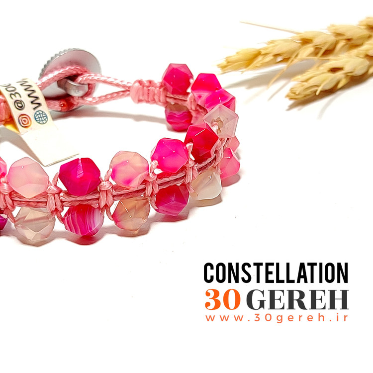 دستبند سنگ عقیق صورتی اصل و معدنی تراش استار خاص بافت چرمی