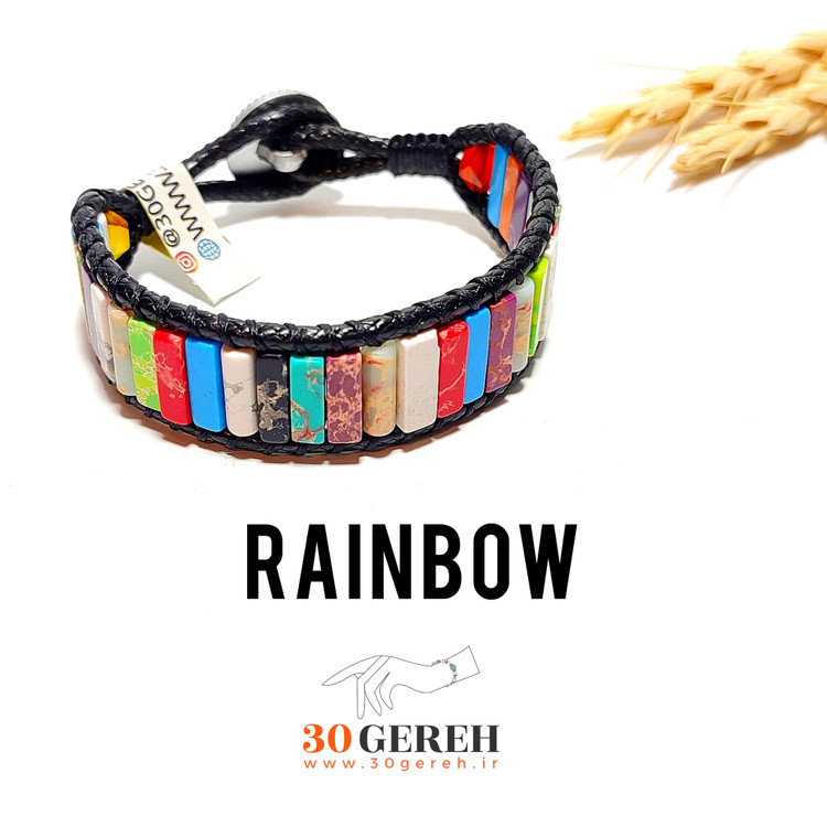 دستبند سنگی و چرم فیروزه رنگی سنتتیک استوانه ای