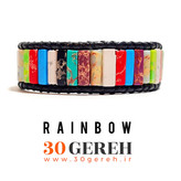 دستبند سنگی و چرم فیروزه رنگی سنتتیک استوانه ای