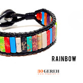 دستبند سنگی و چرم فیروزه رنگی سنتتیک استوانه ای