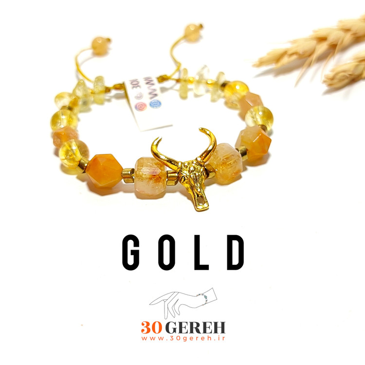 دستبند سنگی سیترین اصل با پلاک بوفالو دستبند سنگی خاص طلا