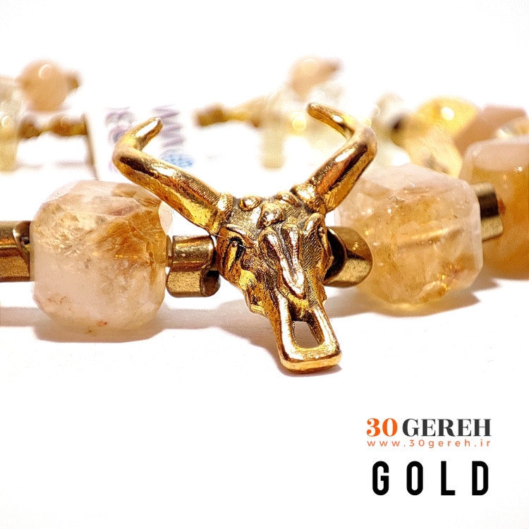 دستبند سنگی سیترین اصل با پلاک بوفالو دستبند سنگی خاص طلا