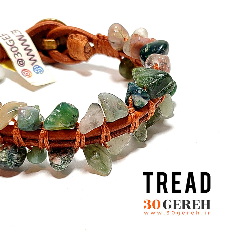 دستبند سنگی عقیق خزه ای اصل سنگ عقیق خزه ای نامنظم با چرم دستبند آج