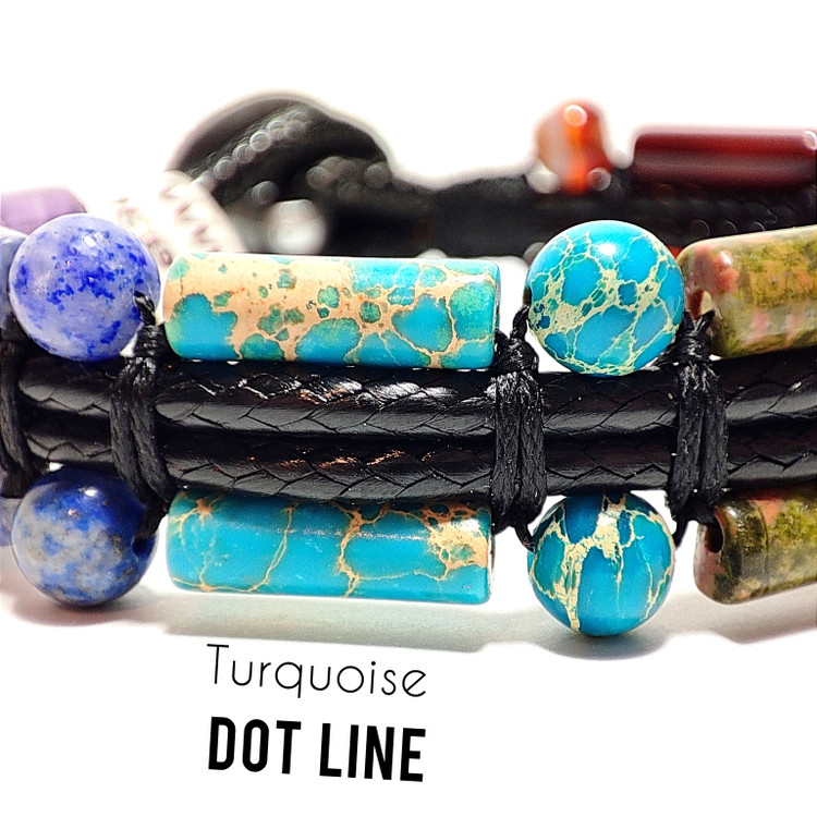 دستبند سنگی هفت چاکرای اصل نقطه خط سنگهای معدنی بافت چرمی ضخیم مدل دوبل