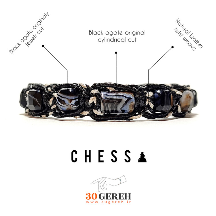 دستبند سنگی و چرم اصل با بافت خاص سنگ عقیق سیاه اصل دستبند شطرنج
