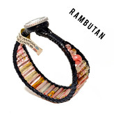 دستبند سنگی کوارتز چری اصل تراش لوله ای استوانه با چرم ضخیم دستبند رامبوتان