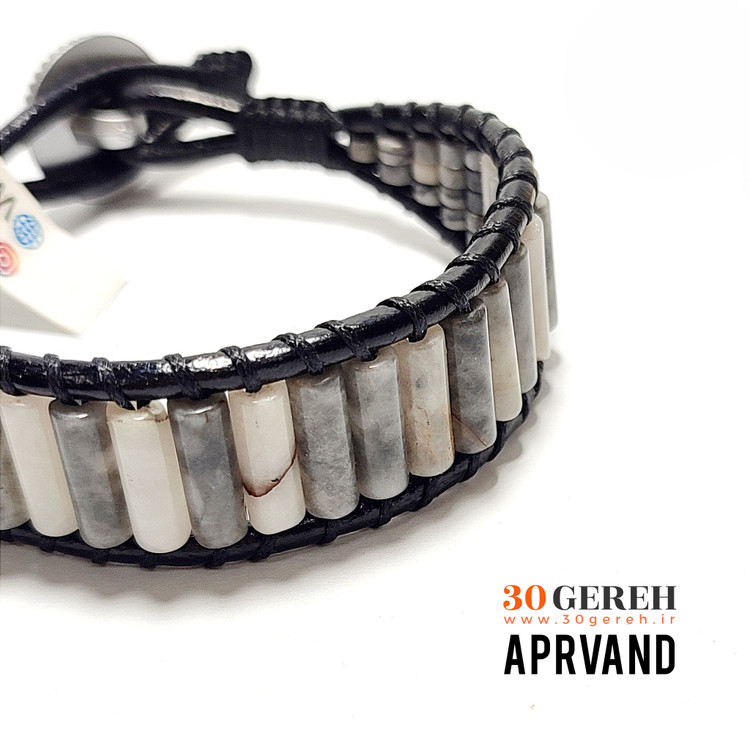 دستبند سنگ جاسپر پیکاسو اصل و معدنی با چرم طبیعی اپروند