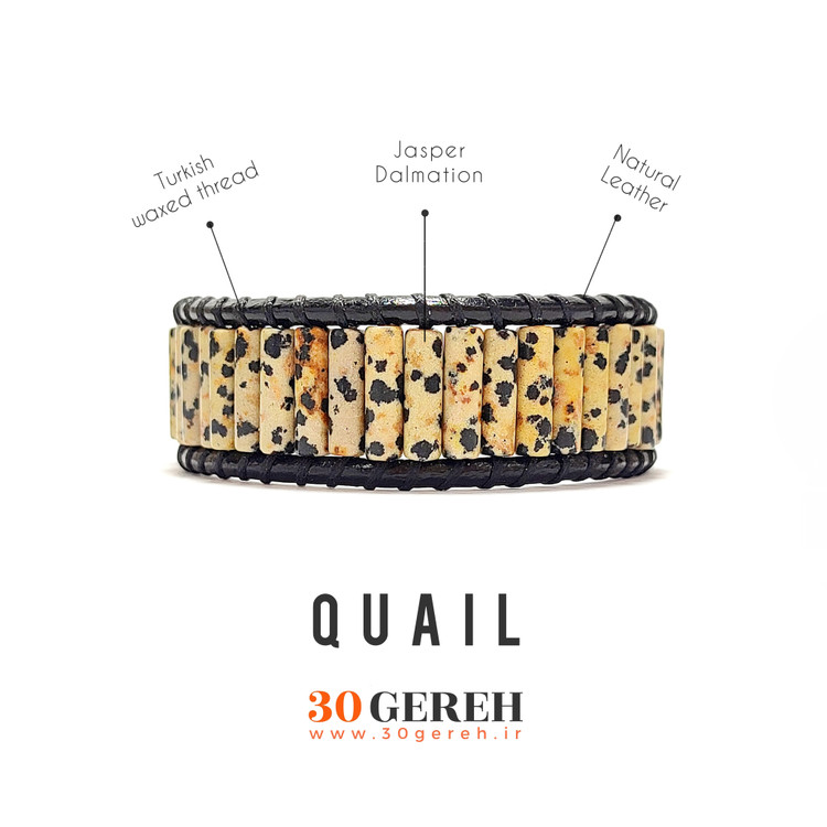 دستبند سنگی جاسپر دالمتیان جاسپر بلدرچین استوانه ای چرم طبیعی