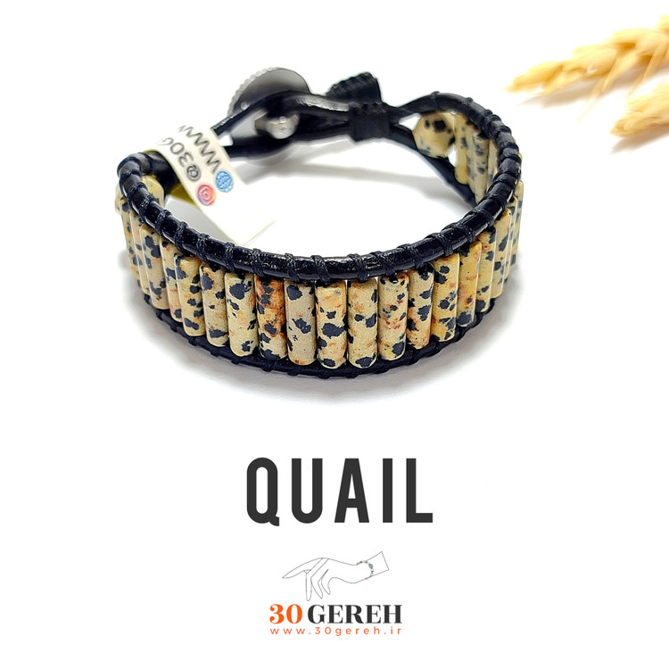 دستبند سنگی جاسپر دالمتیان جاسپر بلدرچین استوانه ای چرم طبیعی