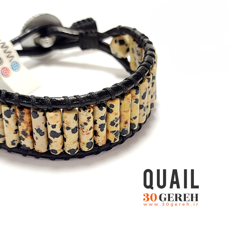 دستبند سنگی جاسپر دالمتیان جاسپر بلدرچین استوانه ای چرم طبیعی