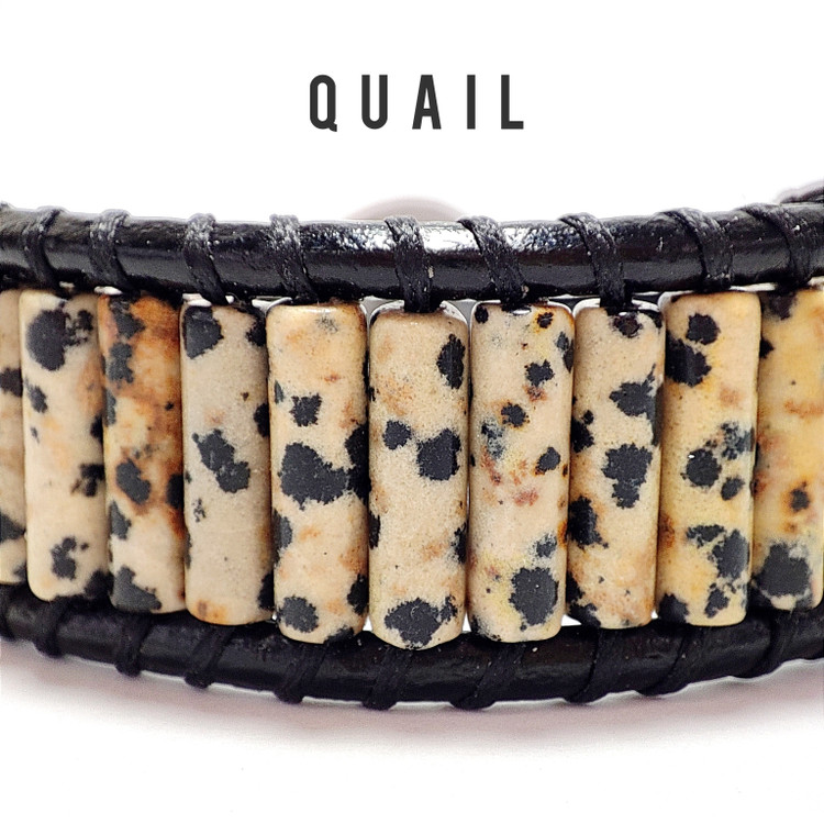 دستبند سنگی جاسپر دالمتیان جاسپر بلدرچین استوانه ای چرم طبیعی