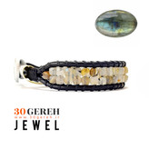 دستبند سنگ لابرادوریت اصل تراش خاص جواهری با چرم طبیعی