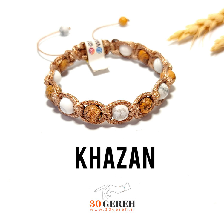 دستبند سنگی و چرم هائولیت و جاسپر پیکچر بافت چرمی یک ردیفه دستبند خزان