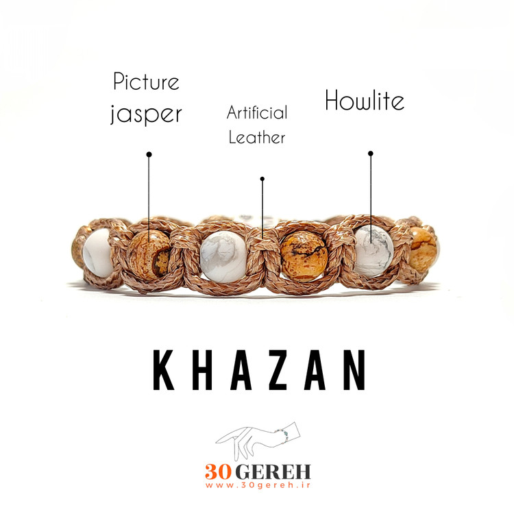 دستبند سنگی و چرم هائولیت و جاسپر پیکچر بافت چرمی یک ردیفه دستبند خزان