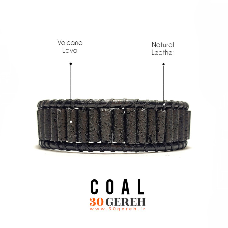 دستبند سنگی لاوا آتشفشانی تراش لوله ای دستبند زغال با چرم طبیعی