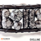 دستبند سنگی اصل و چرم طبیعی آبسیدین لکه برفی تراش لوله ای و گرد