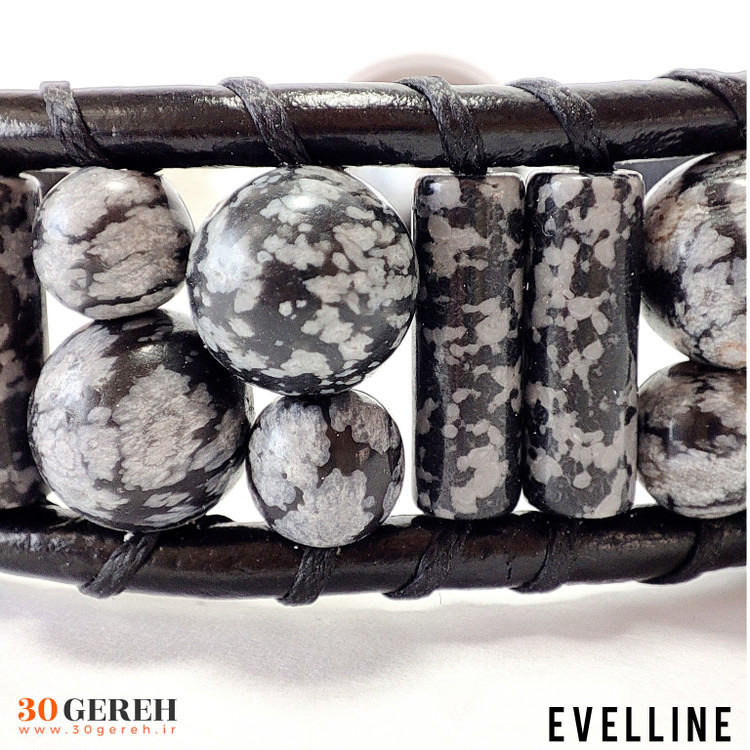 دستبند سنگی اصل و چرم طبیعی آبسیدین لکه برفی تراش لوله ای و گرد