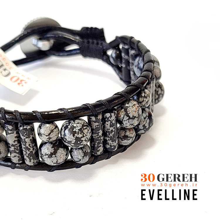 دستبند سنگی اصل و چرم طبیعی آبسیدین لکه برفی تراش لوله ای و گرد